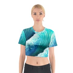 Abstract Waves In Blue And Green Cotton Crop Top by GardenOfOphir