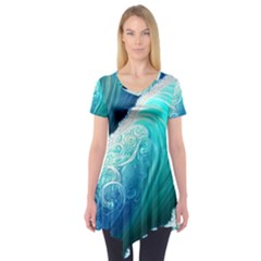 Abstract Waves In Blue And Green Short Sleeve Tunic  by GardenOfOphir