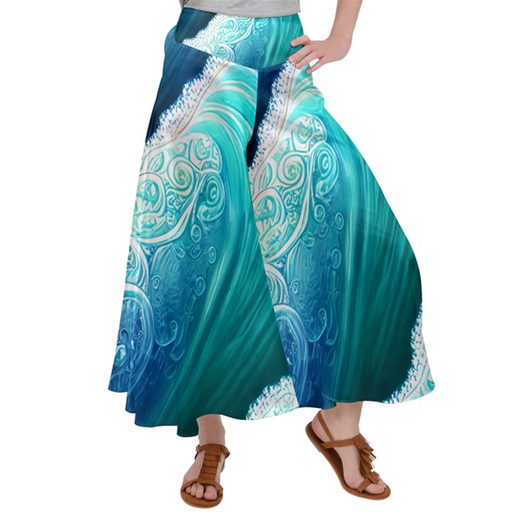 Abstract Waves In Blue And Green Satin Palazzo Pants