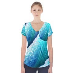 Abstract Waves In Blue And Green Short Sleeve Front Detail Top by GardenOfOphir