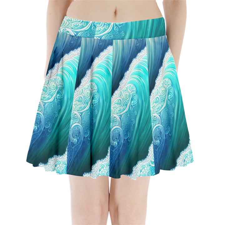 Abstract Waves In Blue And Green Pleated Mini Skirt