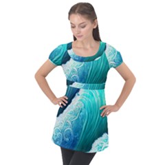 Abstract Waves In Blue And Green Puff Sleeve Tunic Top by GardenOfOphir