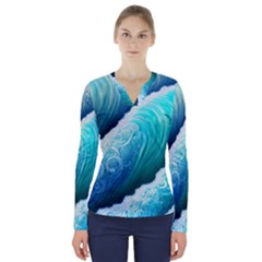 Abstract Waves In Blue And Green V-neck Long Sleeve Top by GardenOfOphir