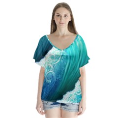 Abstract Waves In Blue And Green V-neck Flutter Sleeve Top by GardenOfOphir