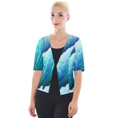 Abstract Waves In Blue And Green Cropped Button Cardigan by GardenOfOphir