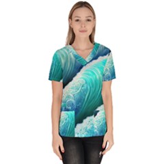 Abstract Waves In Blue And Green Women s V-neck Scrub Top by GardenOfOphir