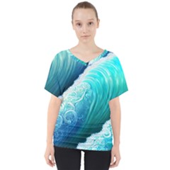 Abstract Waves In Blue And Green V-neck Dolman Drape Top by GardenOfOphir