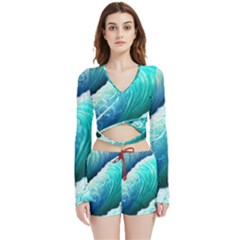 Abstract Waves In Blue And Green Velvet Wrap Crop Top And Shorts Set by GardenOfOphir