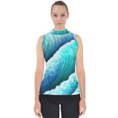 Abstract Waves In Blue And Green Mock Neck Shell Top by GardenOfOphir