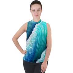 Abstract Waves In Blue And Green Mock Neck Chiffon Sleeveless Top by GardenOfOphir