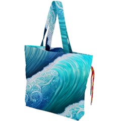 Abstract Waves In Blue And Green Drawstring Tote Bag by GardenOfOphir