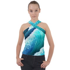 Abstract Waves In Blue And Green Cross Neck Velour Top by GardenOfOphir