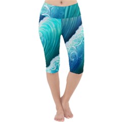 Abstract Waves In Blue And Green Lightweight Velour Cropped Yoga Leggings by GardenOfOphir