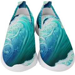 Abstract Waves In Blue And Green Kids  Slip On Sneakers by GardenOfOphir