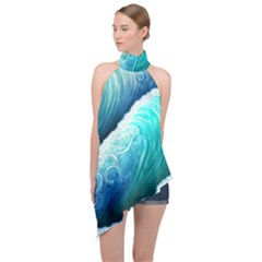 Abstract Waves In Blue And Green Halter Asymmetric Satin Top by GardenOfOphir