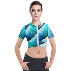 Abstract Waves In Blue And Green Short Sleeve Cropped Jacket by GardenOfOphir