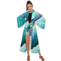 Abstract Waves In Blue And Green Maxi Kimono by GardenOfOphir