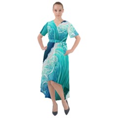 Abstract Waves In Blue And Green Front Wrap High Low Dress by GardenOfOphir