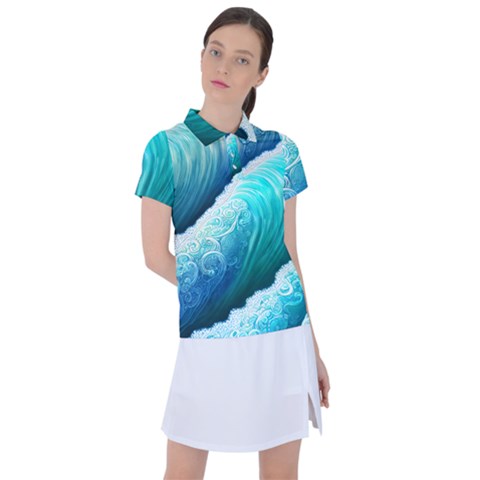 Abstract Waves In Blue And Green Women s Polo Tee by GardenOfOphir