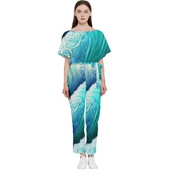 Abstract Waves In Blue And Green Batwing Lightweight Chiffon Jumpsuit by GardenOfOphir