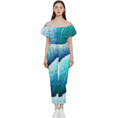 Abstract Waves In Blue And Green Off Shoulder Ruffle Top Jumpsuit by GardenOfOphir