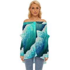 Abstract Waves In Blue And Green Off Shoulder Chiffon Pocket Shirt by GardenOfOphir