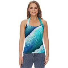 Abstract Waves In Blue And Green Basic Halter Top by GardenOfOphir