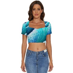 Abstract Waves In Blue And Green Short Sleeve Square Neckline Crop Top  by GardenOfOphir