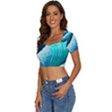 Abstract Waves In Blue And Green Short Sleeve Square Neckline Crop Top  View2