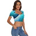 Abstract Waves In Blue And Green Short Sleeve Square Neckline Crop Top  View3