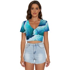 Abstract Waves In Blue And Green V-neck Crop Top by GardenOfOphir