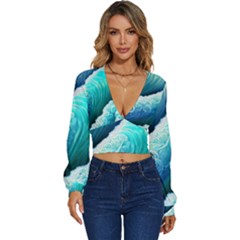 Abstract Waves In Blue And Green Long Sleeve Deep-v Velour Top by GardenOfOphir