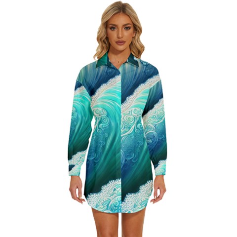 Abstract Waves In Blue And Green Womens Long Sleeve Shirt Dress by GardenOfOphir