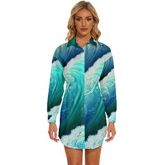 Abstract Waves In Blue And Green Womens Long Sleeve Shirt Dress