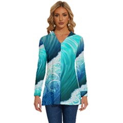 Abstract Waves In Blue And Green Long Sleeve Drawstring Hooded Top by GardenOfOphir