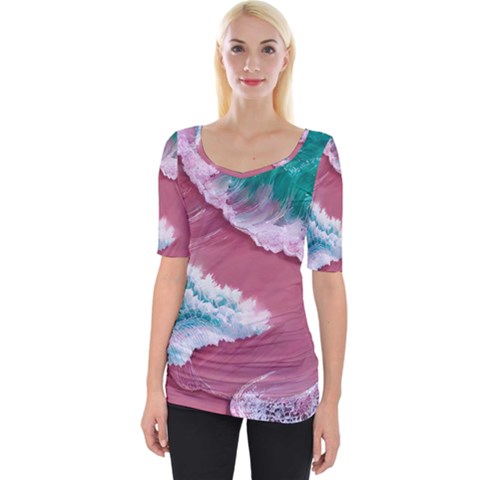 Ocean Waves In Pink Wide Neckline Tee by GardenOfOphir