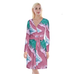 Ocean Waves In Pink Long Sleeve Velvet Front Wrap Dress by GardenOfOphir