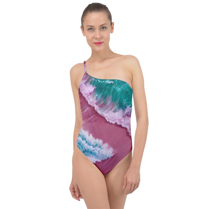 Ocean Waves In Pink Classic One Shoulder Swimsuit