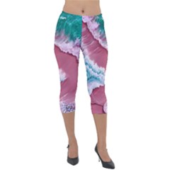 Ocean Waves In Pink Lightweight Velour Capri Leggings  by GardenOfOphir