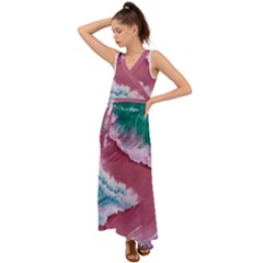 Ocean Waves In Pink V-neck Chiffon Maxi Dress by GardenOfOphir