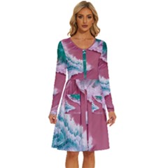 Ocean Waves In Pink Long Sleeve Dress With Pocket by GardenOfOphir