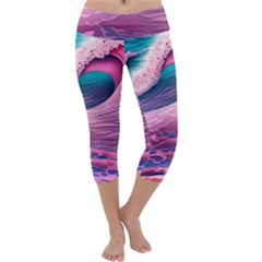 Pink Waves On The Beach Ii Capri Yoga Leggings by GardenOfOphir