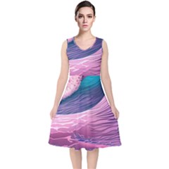 Pink Waves On The Beach Ii V-neck Midi Sleeveless Dress  by GardenOfOphir