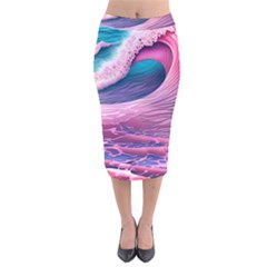 Pink Waves On The Beach Ii Velvet Midi Pencil Skirt by GardenOfOphir