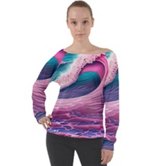 Pink Waves On The Beach Ii Off Shoulder Long Sleeve Velour Top by GardenOfOphir