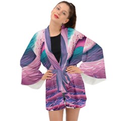 Pink Waves On The Beach Ii Long Sleeve Kimono by GardenOfOphir