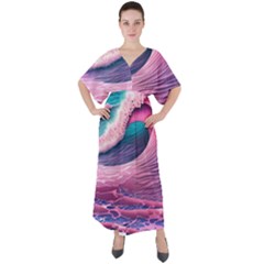 Pink Waves On The Beach Ii V-neck Boho Style Maxi Dress by GardenOfOphir