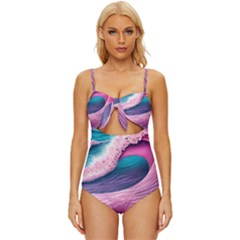 Pink Waves On The Beach Ii Knot Front One-piece Swimsuit by GardenOfOphir