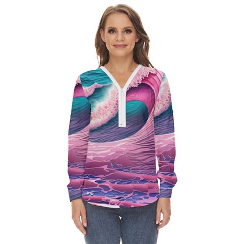 Pink Waves On The Beach Ii Zip Up Long Sleeve Blouse by GardenOfOphir