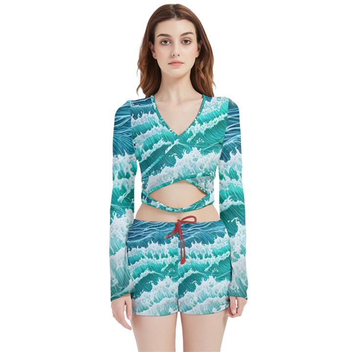 Waves On The Ocean Ii Velvet Wrap Crop Top and Shorts Set